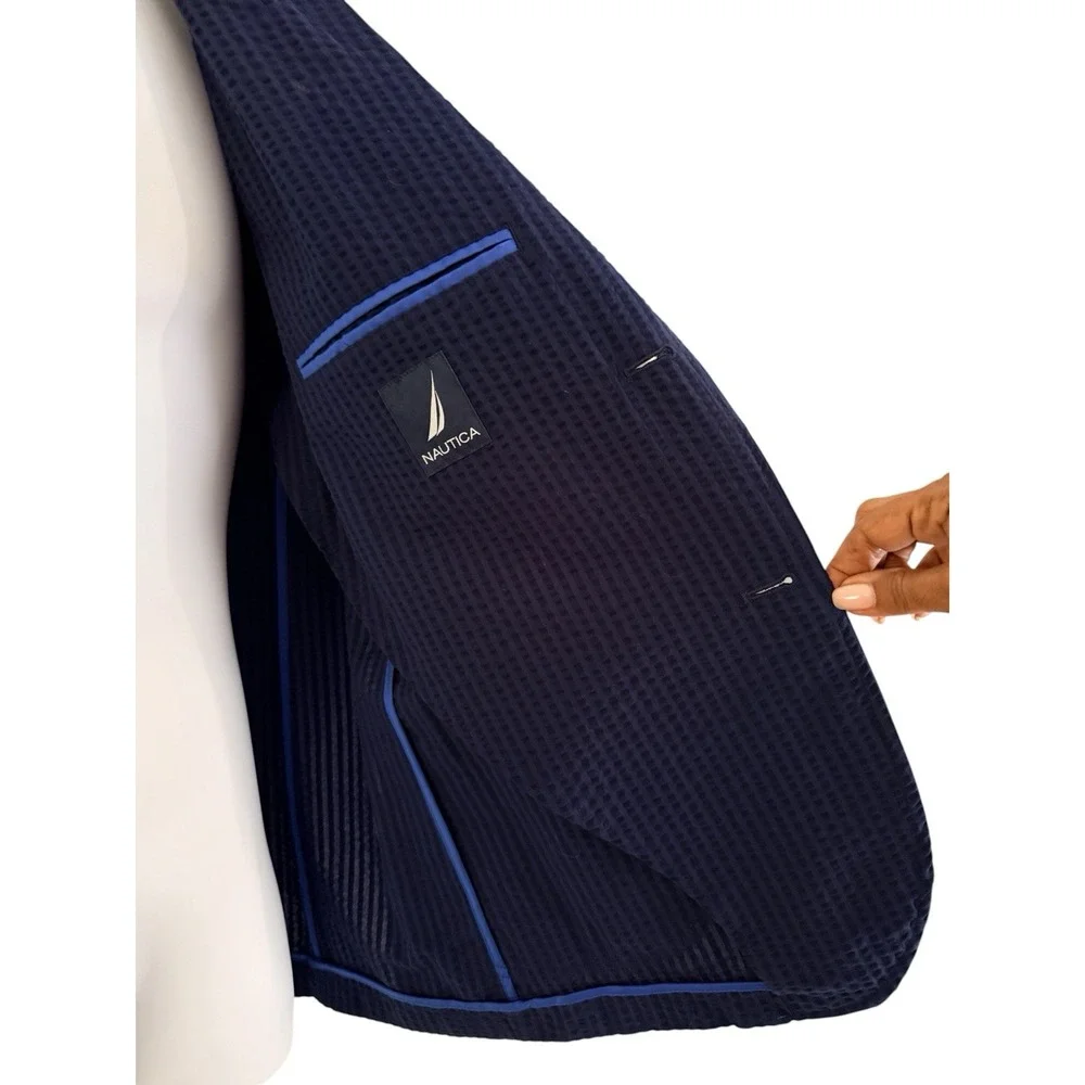 Nautica Seersucker Blazer L Sport Coat Navy Blue Cotton Blend Preppy Hamptons